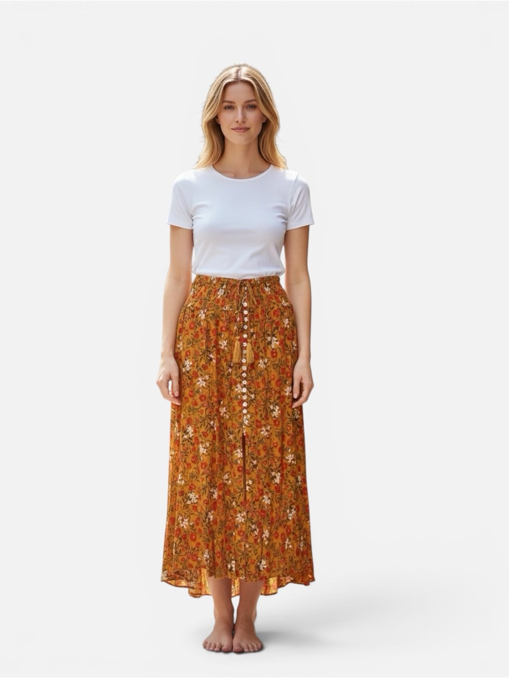 Mustard Floral Button-Front Maxi Skirt